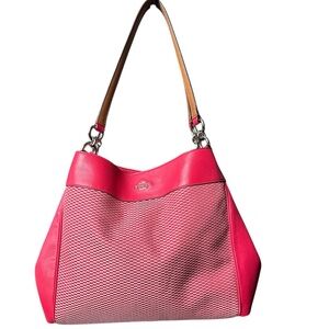 Coach Lexy Legacy Jacquard and hot pink leather shoulder bag style number F57540